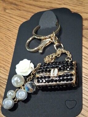Elegant Black & Gold Purse Charm/Keychain with Pearl Accents